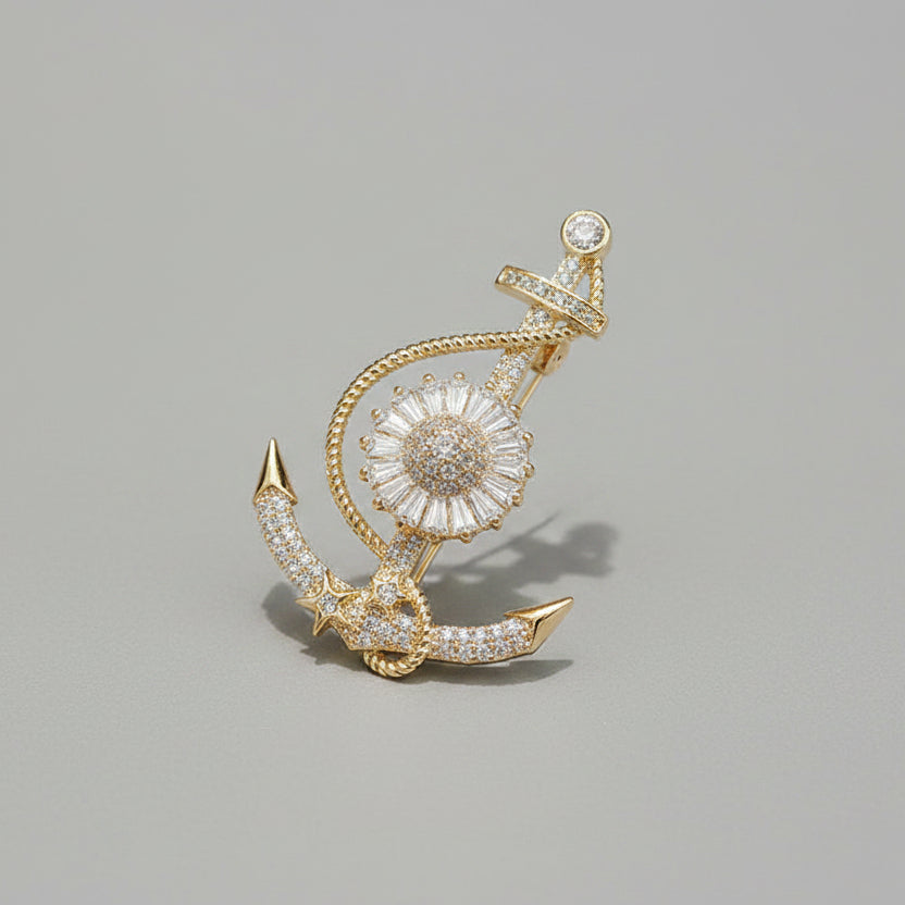 ⚓ Anchor Brooch with Crystals – Gold-toned Nautical Women's Brooch | Twinolo