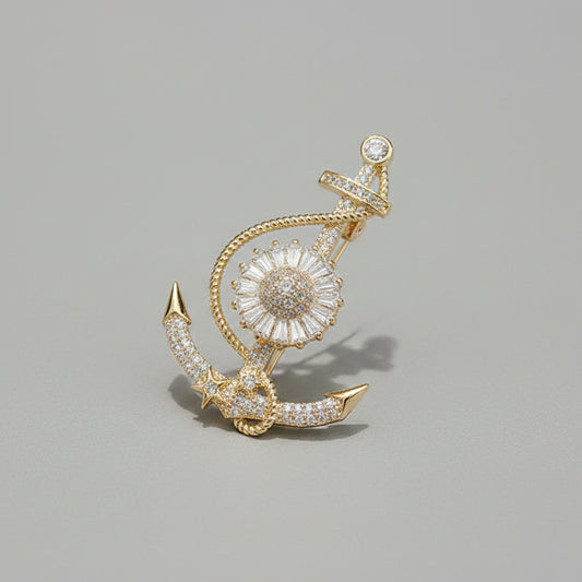 ⚓ Anchor Brooch with Crystals – Gold-toned Nautical Women's Brooch | Twinolo