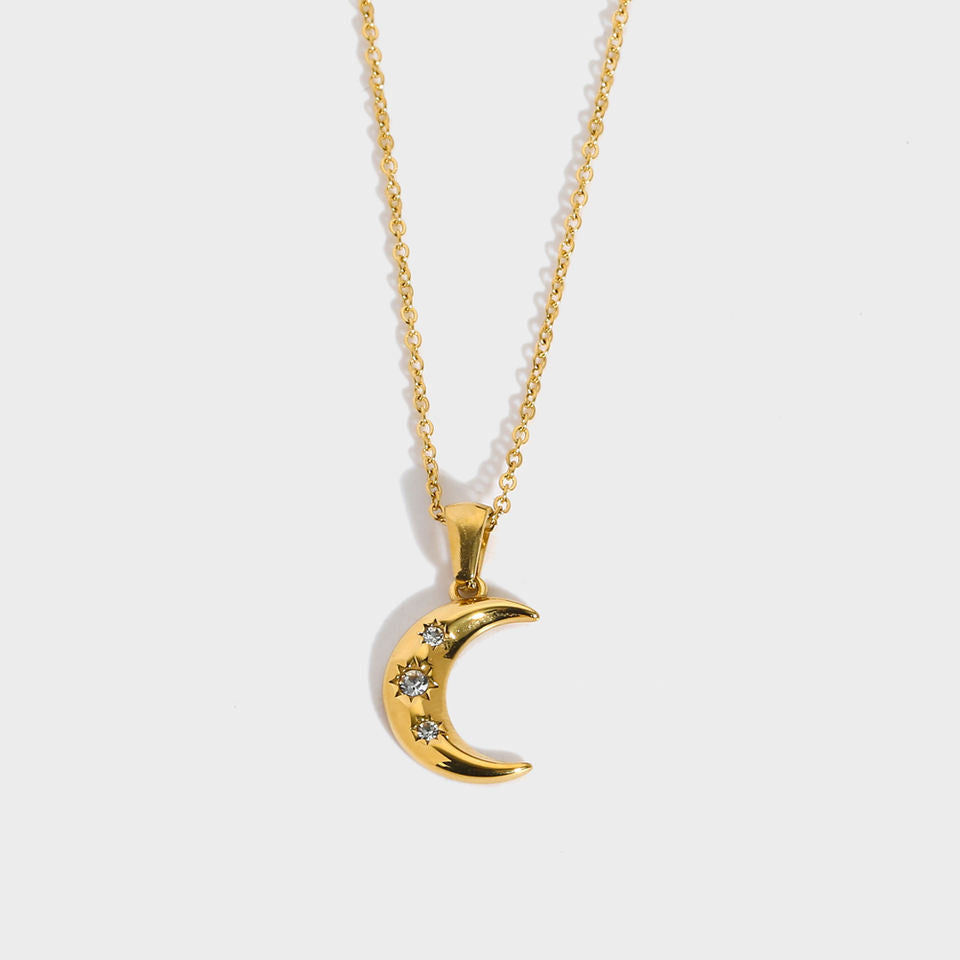 Women's steel moon necklace with zircon J134