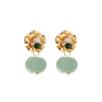 Flower Earrings with Hanging Stone – Purple or Green | Twinolo