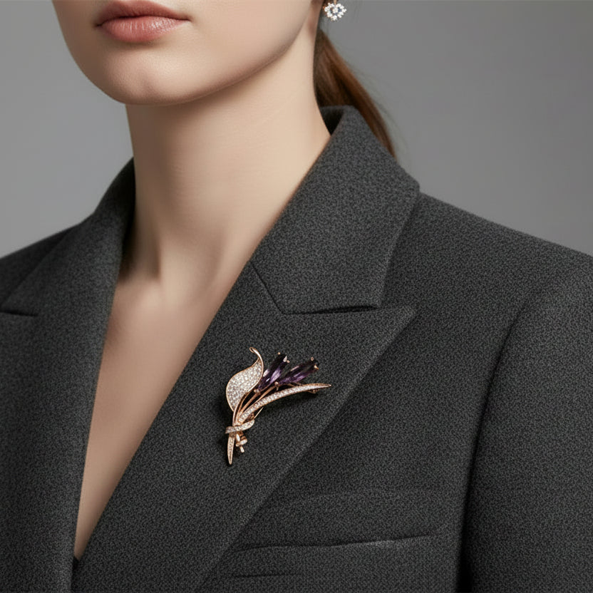 🌷 Rose Gold Tulip Brooch with Purple Crystals | Twinolo