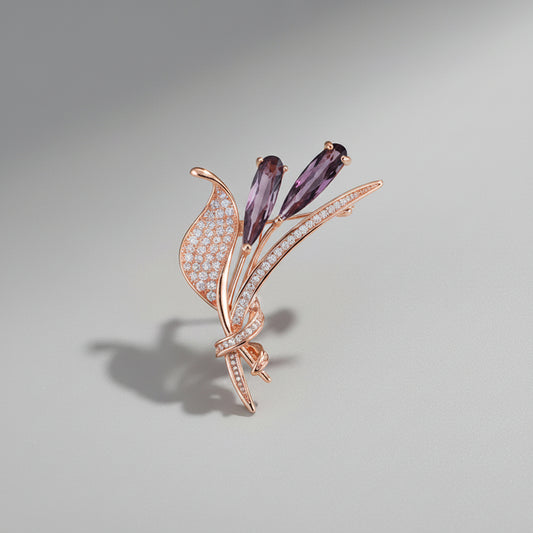 🌷 Rose Gold Tulip Brooch with Purple Crystals | Twinolo