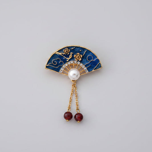 Fan Brooch Blue with Pearl and Dangling Details – Elegant Brooch | Twinolo