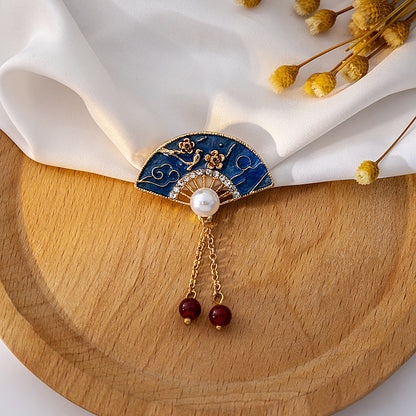 Fan Brooch Blue with Pearl and Dangling Details – Elegant Brooch | Twinolo