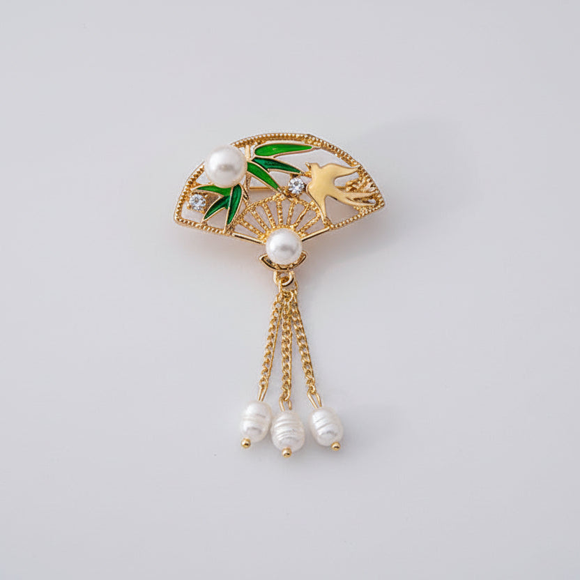 Fan Brooch Green & Gold with Pearls – Luxury Elegant Brooch | Twinolo