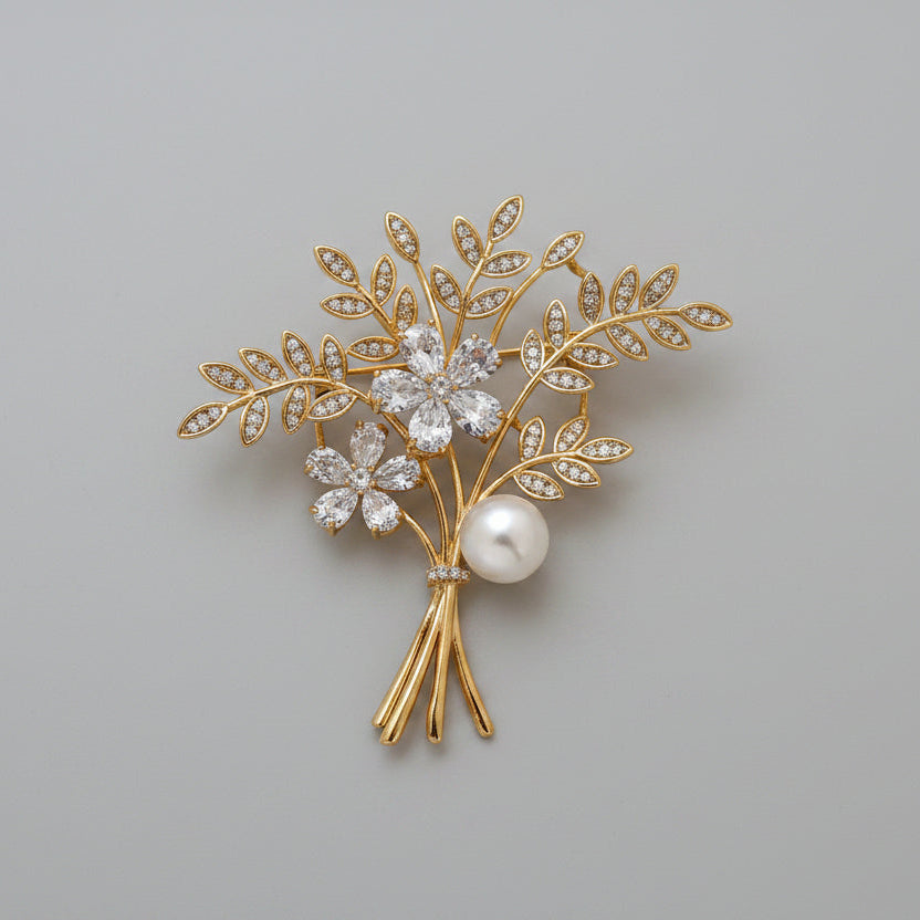 💐 Gold Flower Bouquet Brooch with Pearl and Crystals | Twinolo