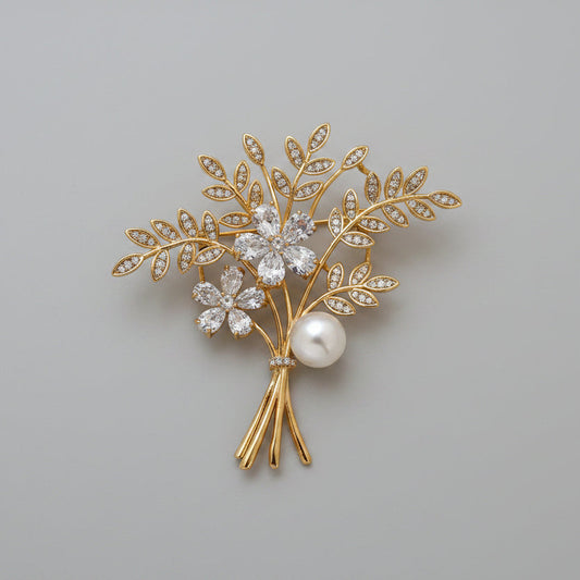 💐 Gold Flower Bouquet Brooch with Pearl and Crystals | Twinolo