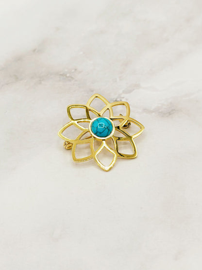 Gold-coloured Flower Brooch with Turquoise Detail | Twinolo