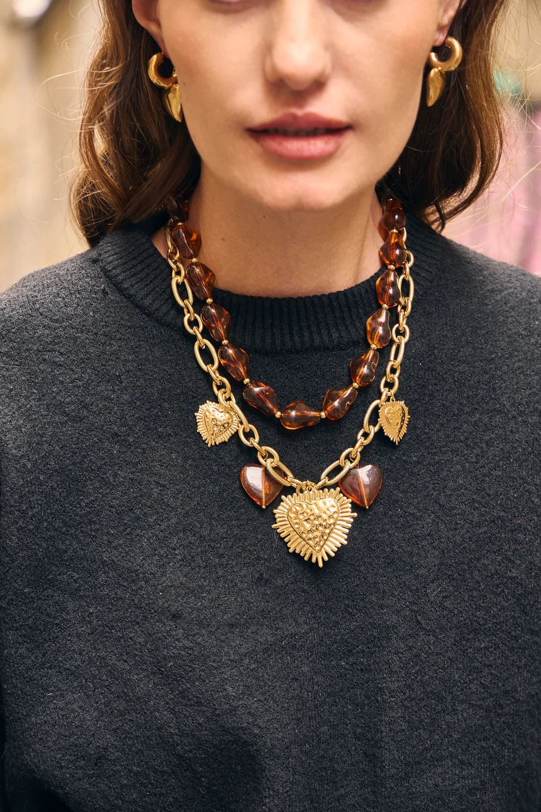 Brown Ladies Necklace with Resin Beads – Gold-colored Stainless Steel – Statement Necklace | Twinolo