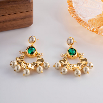 Green Stone & Pearl Earrings – Natural Elegance | Twinolo