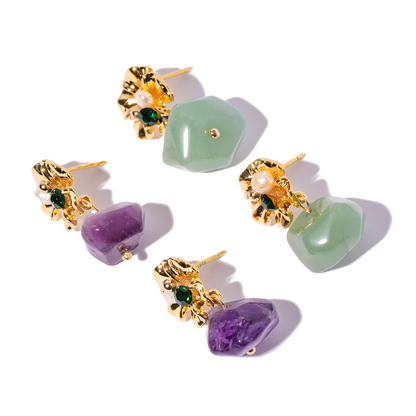 Flower Earrings with Hanging Stone – Purple or Green | Twinolo