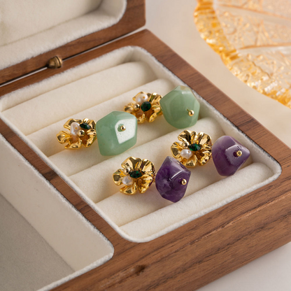 Flower Earrings with Hanging Stone – Purple or Green | Twinolo