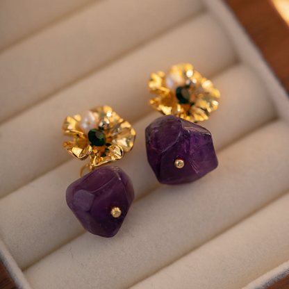 Flower Earrings with Hanging Stone – Purple or Green | Twinolo