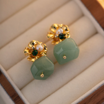 Flower Earrings with Hanging Stone – Purple or Green | Twinolo