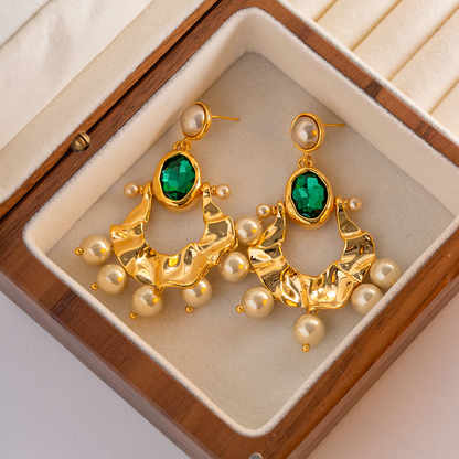 Green Stone & Pearl Earrings – Natural Elegance | Twinolo