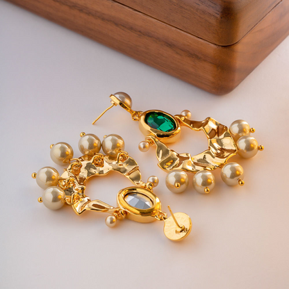 Green Stone & Pearl Earrings – Natural Elegance | Twinolo
