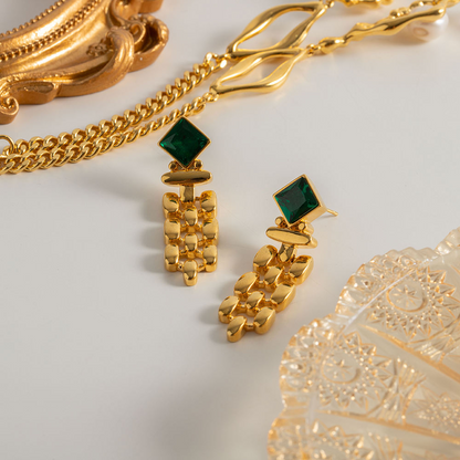Link Earrings with Square Green Stone – Classic Design | Twinolo