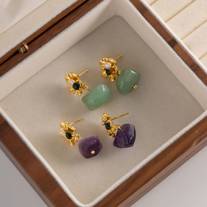 Flower Earrings with Hanging Stone – Purple or Green | Twinolo